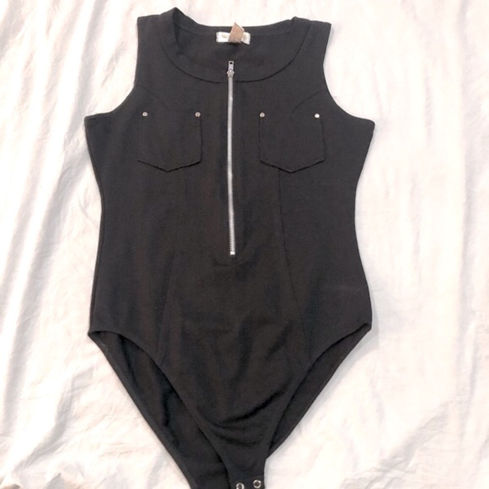 THREE BEE label black sleevless front half zip bodysuit sizeL excellent cond - Picture 7 of 14